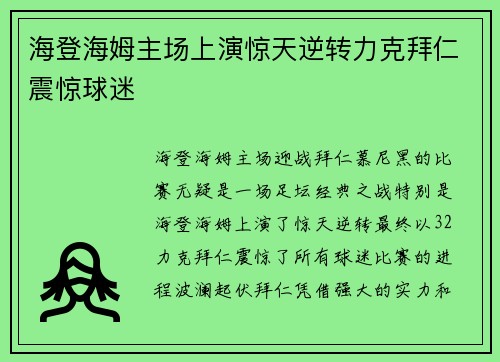 海登海姆主场上演惊天逆转力克拜仁震惊球迷 海登海姆主场上演惊天逆转力克拜仁震惊球迷