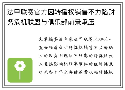 法甲联赛官方因转播权销售不力陷财务危机联盟与俱乐部前景承压